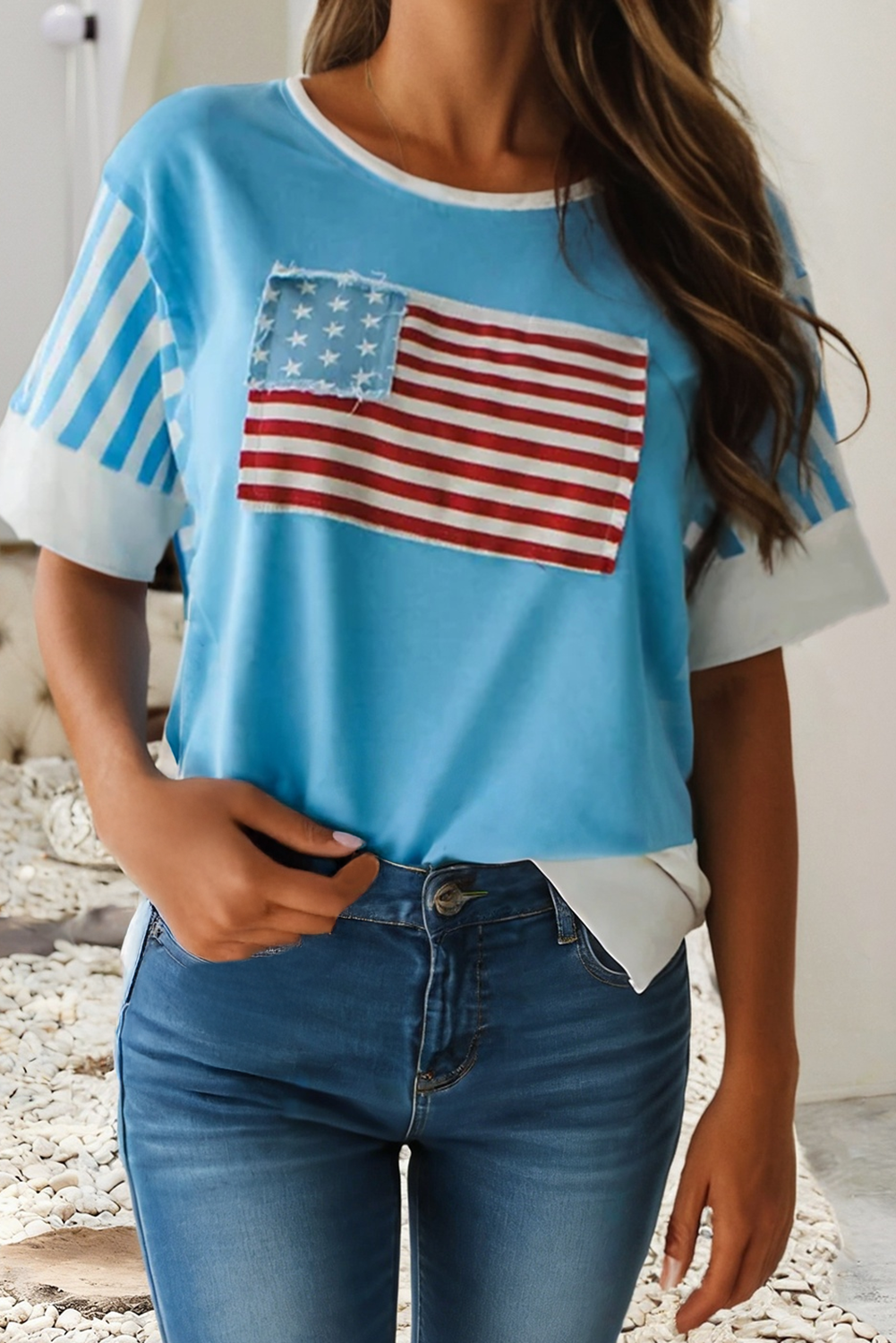 LDC Flag Print Patchwork Colorblock July 4th T Shirt: Light Blue / L