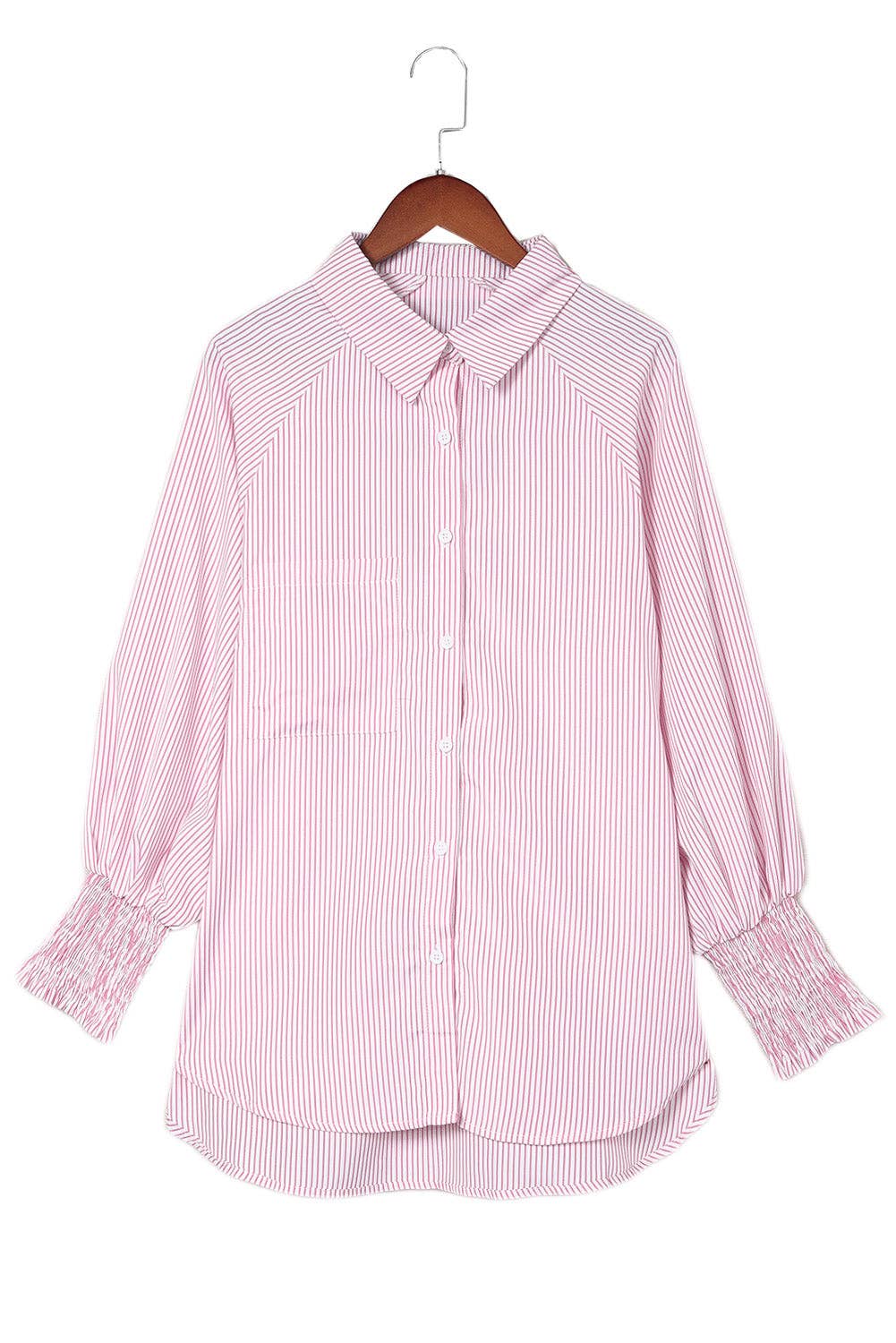 Stripe Smocked Cuff Pocketed Shirt: Sky Blue / M