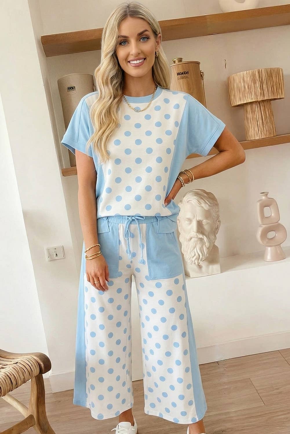 66 Polka Dot Top and High Waist Shorts 2pcs Set (S-XL): Sky Blue