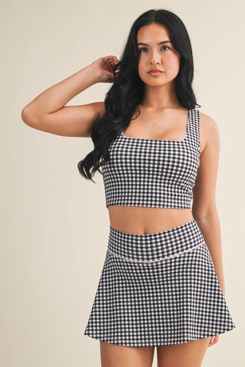Gingham Print Crop Tank with Lace Trim: Pink Gingham / S