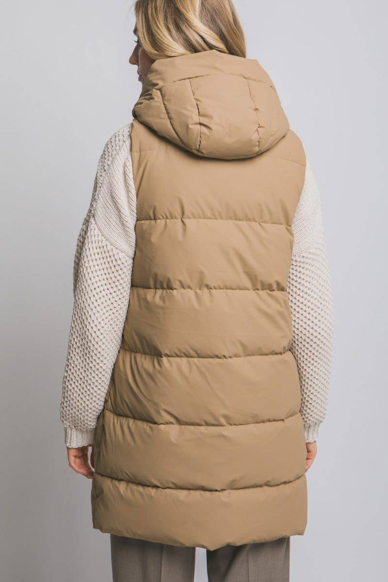 Hooded Long Quilted Puffer Vest: BLACK / 2-2-2(S-M-L)
