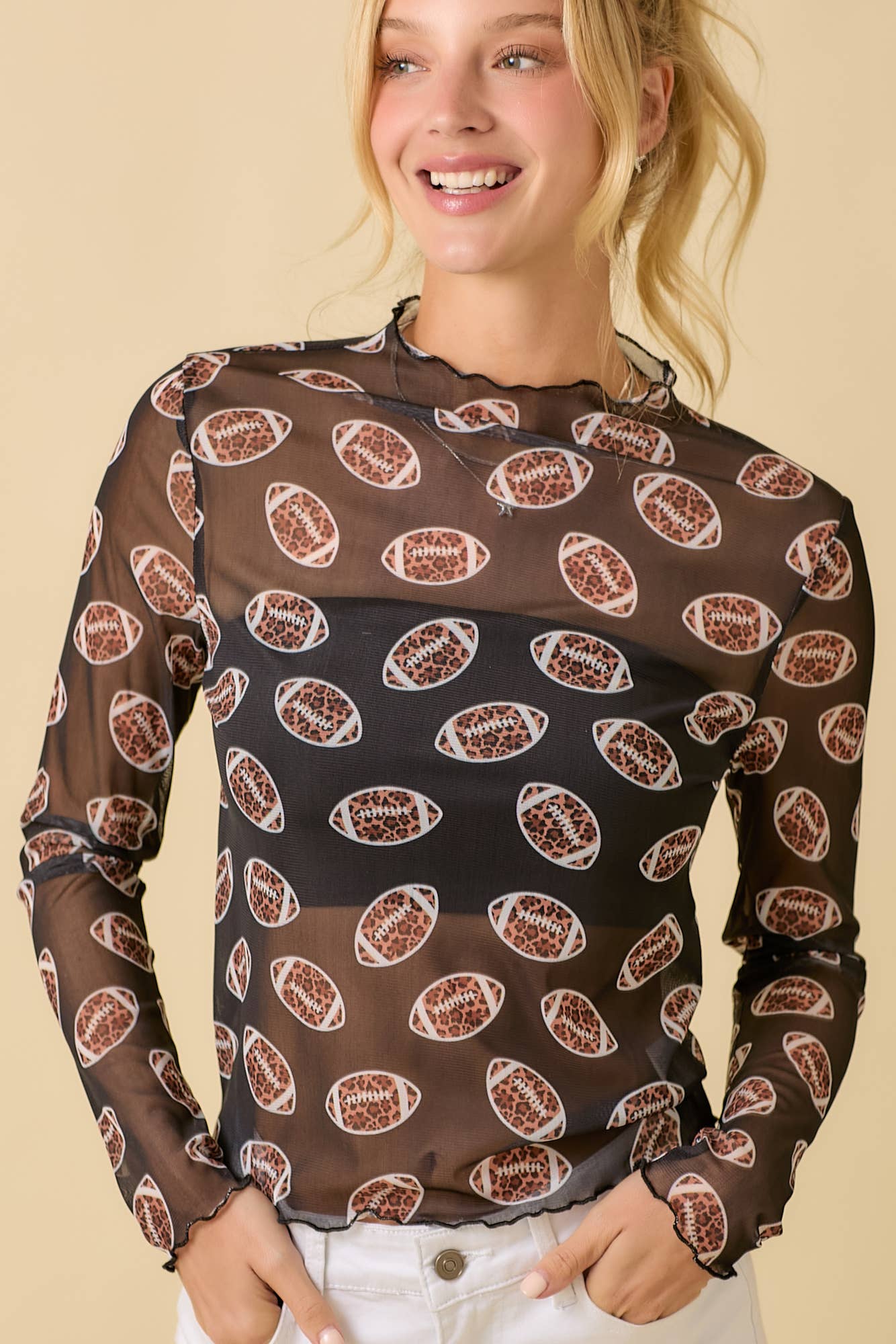 Leopard Print Football Long Sleeve Mesh Top: BLACK / M