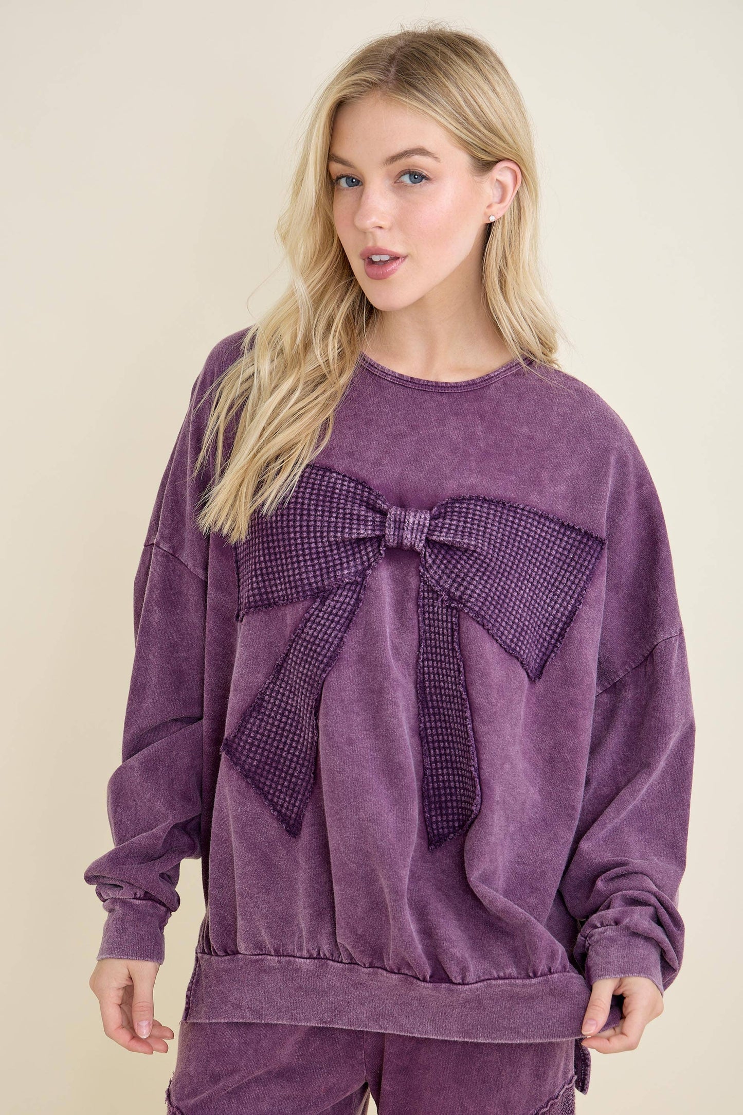 I'm a gift for you Waffle Ribbon bow terry top HT6129: Midnight Green / S-M-L / 2-2-2
