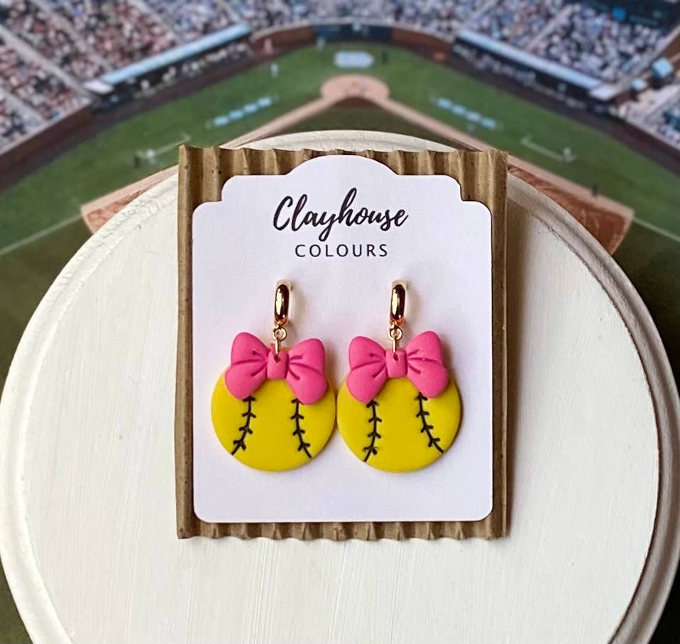 Softball with Bow Earrings : Pink Bow
