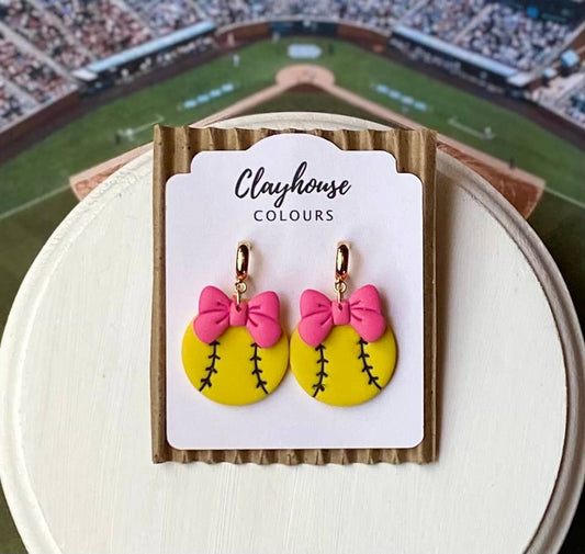 Softball with Bow Earrings : Pink Bow