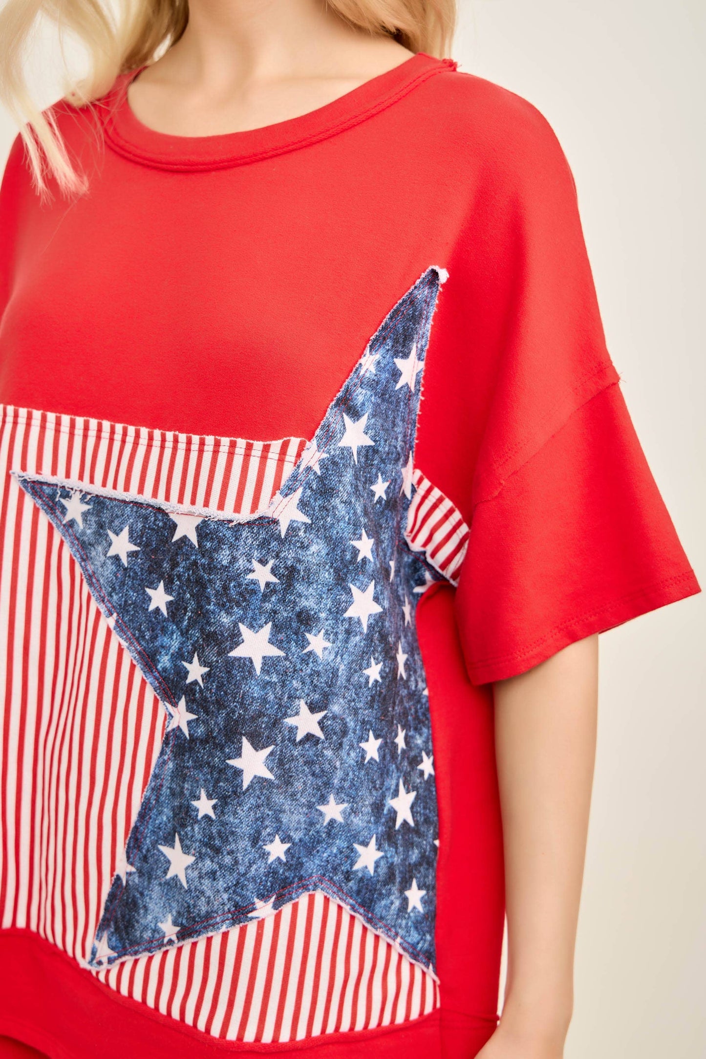 Americana Patched Tshirt top HT7319: Red / S-M-L / 2-2-2