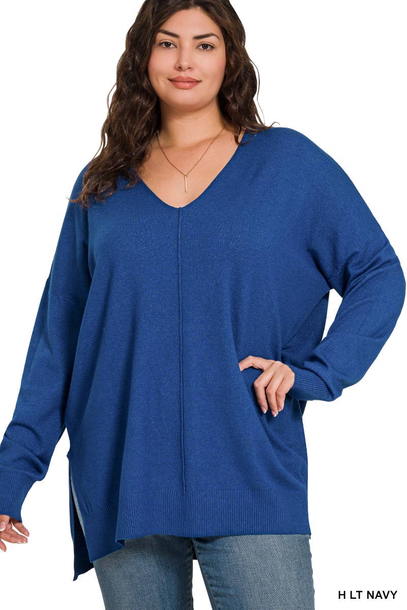 Plus Hi-Low Hem V-Neck Center Seam Sweater: H LT NAVY / 3-2 (1XL/2XL-2XL/3XL)