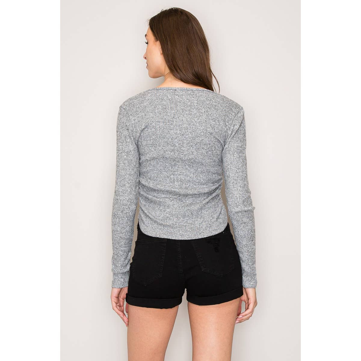 Square Neck Long Sleeve Shirring Sweater Knit Top: Mauve / S-M-L(2-2-2)