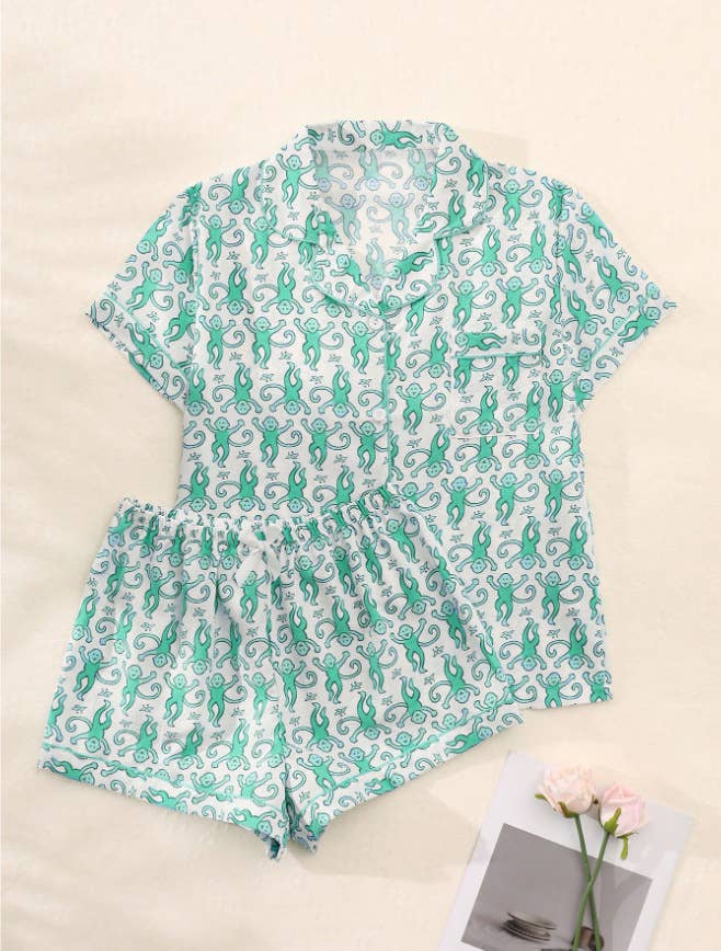 Cartoon Animal Print Comfy Sleepwear Set: Blue / XL