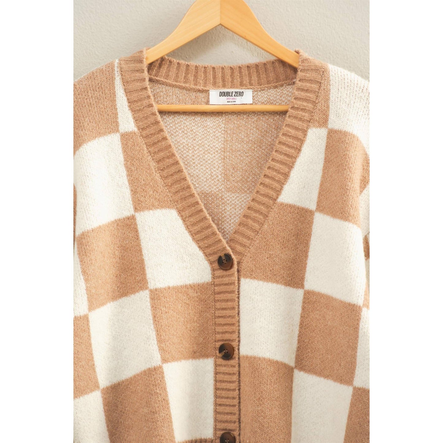 Checkered Button Front Cardigan Sweater: EMERALD/CREAM / S-M-L(2-2-2)