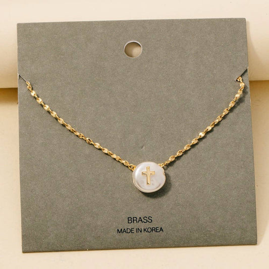 Cross On Pearl Pendant Chain Necklace: GDCRM