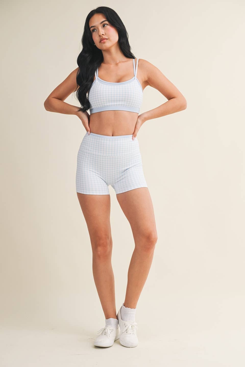 Gingham Print Double Layered Sports Bra: Red Gingham / M