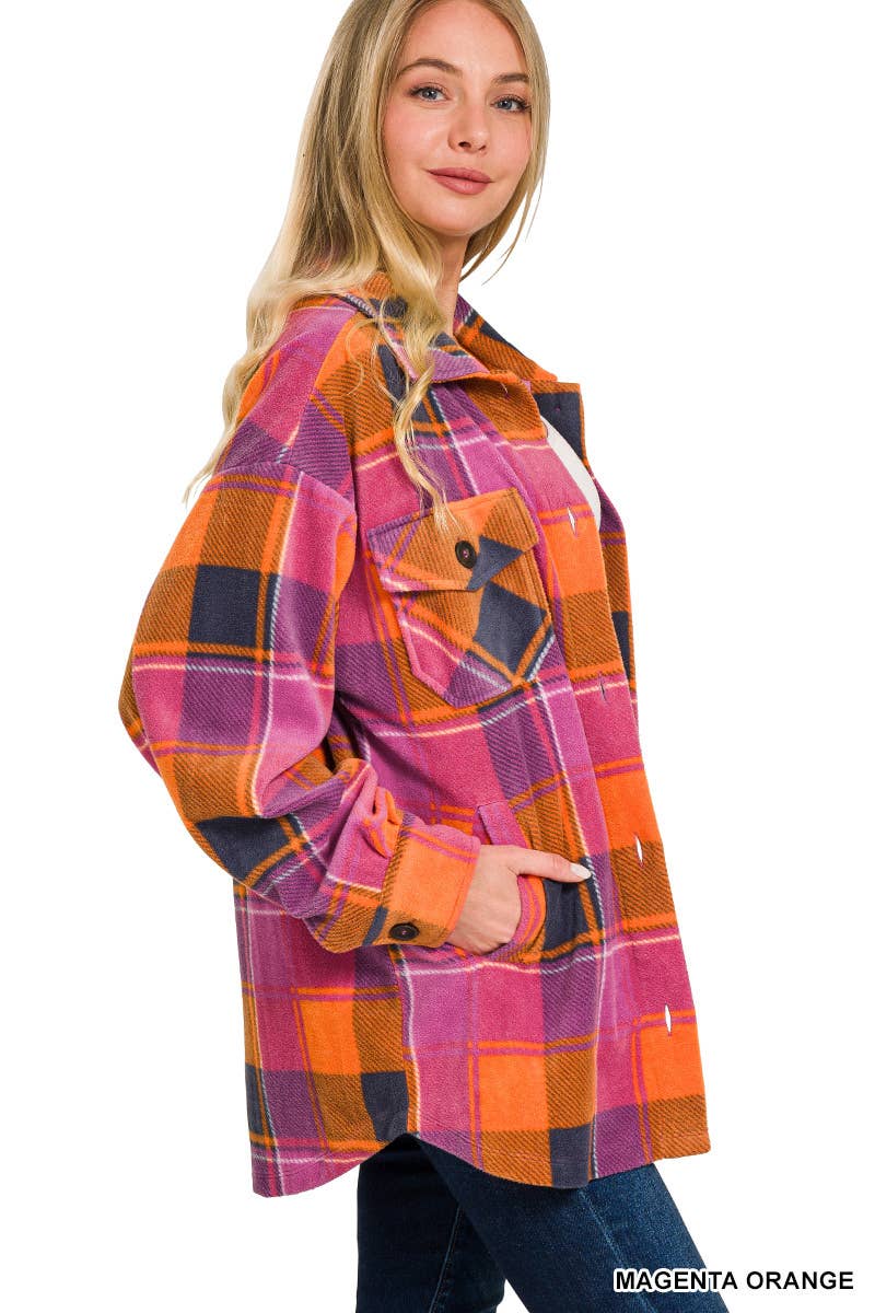 Polar Fleece Plaid Shacket With Pocket: MAGENTA/ORANGE / 2-2-2 (S-M-L)