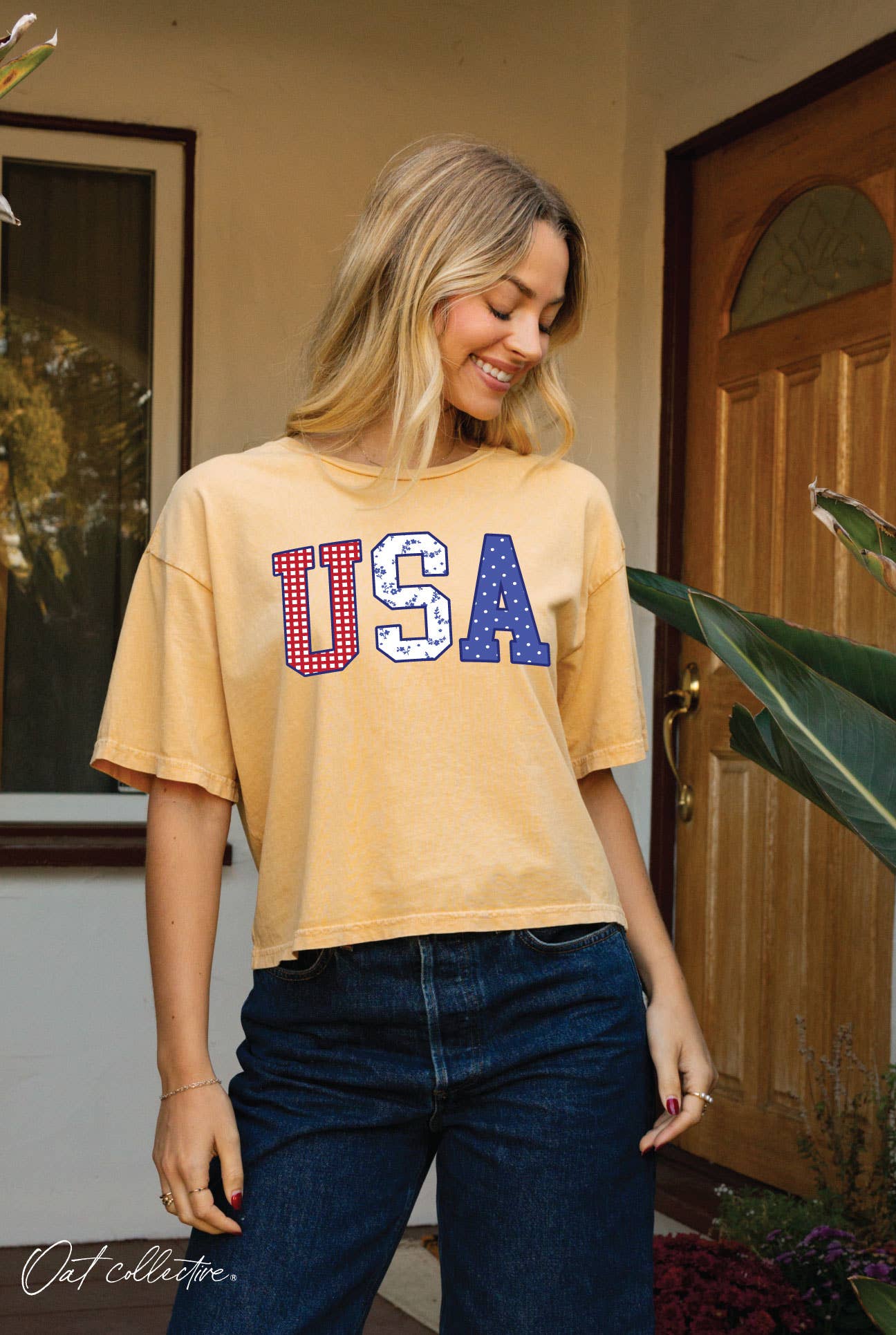 USA WITH PATTERN Cropped Mineral Graphic Top : CREAM / M