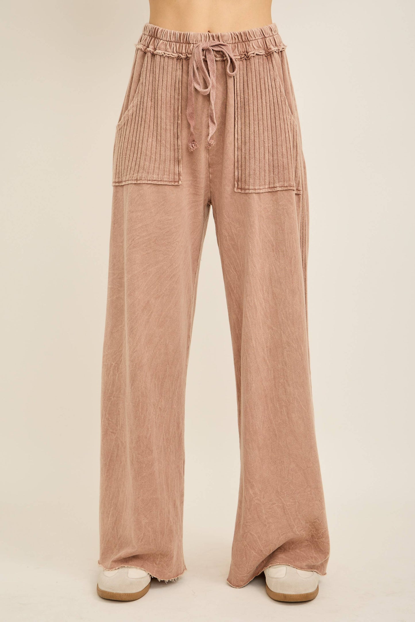 Mineral Wash Side Knit detail wide leg pants HE5878P: Midnight Green / S-M-L / 2-2-2