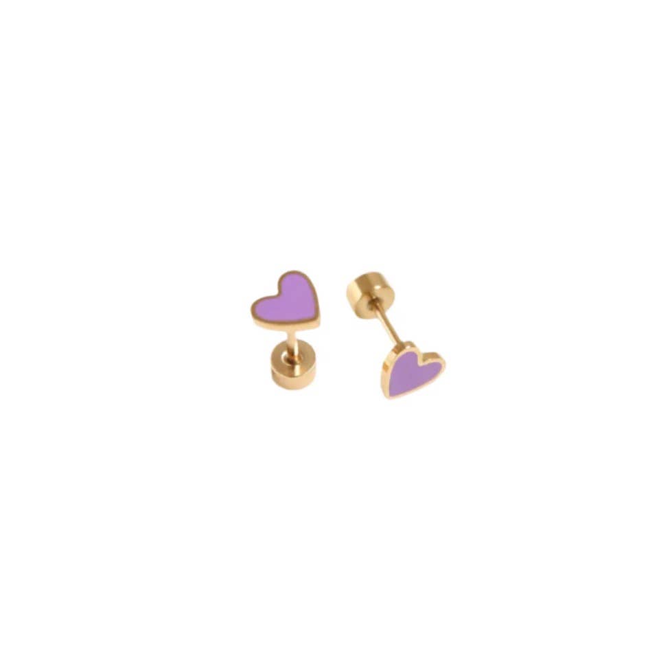Enamel Heart Stud Earring - Hypoallergenic, Flat Back, Girl : Pink