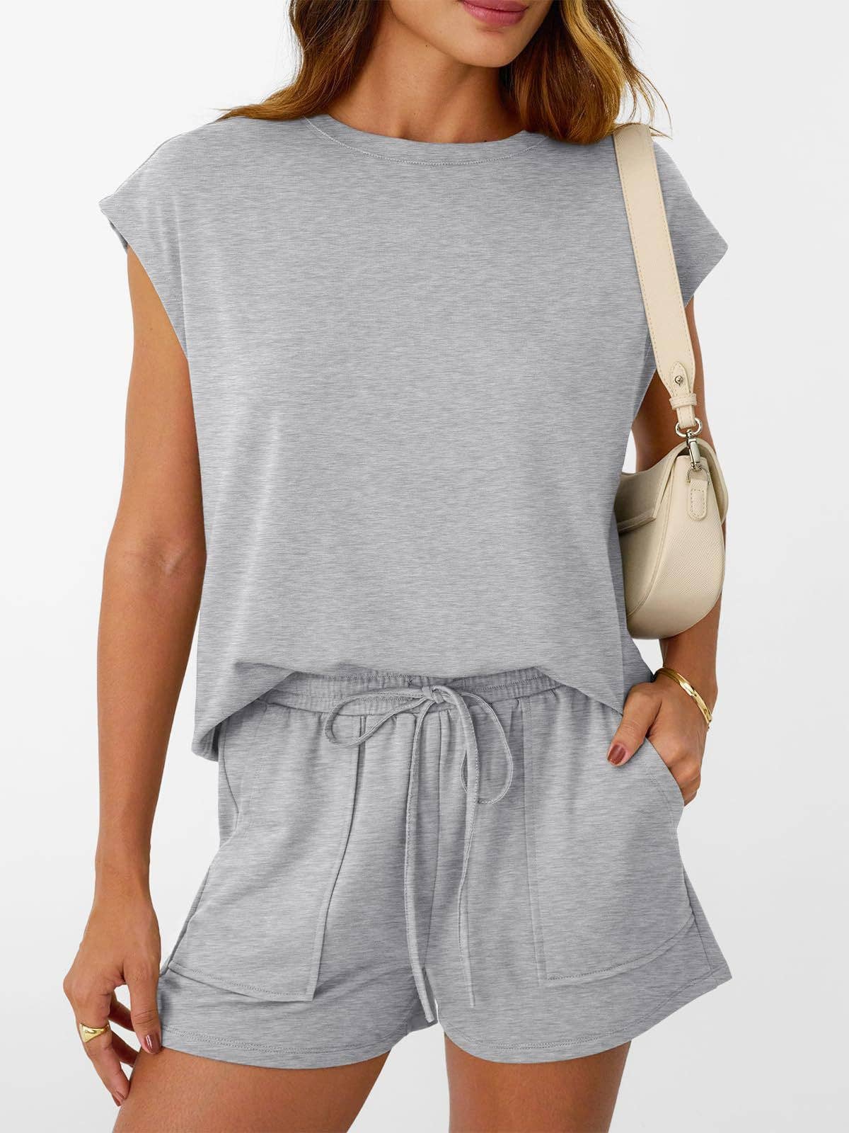 Womens Black Lounge Set Cap Sleeve Top and Shorts: Rose Red / 65%Polyester+30%Viscose+5%Elastane / M