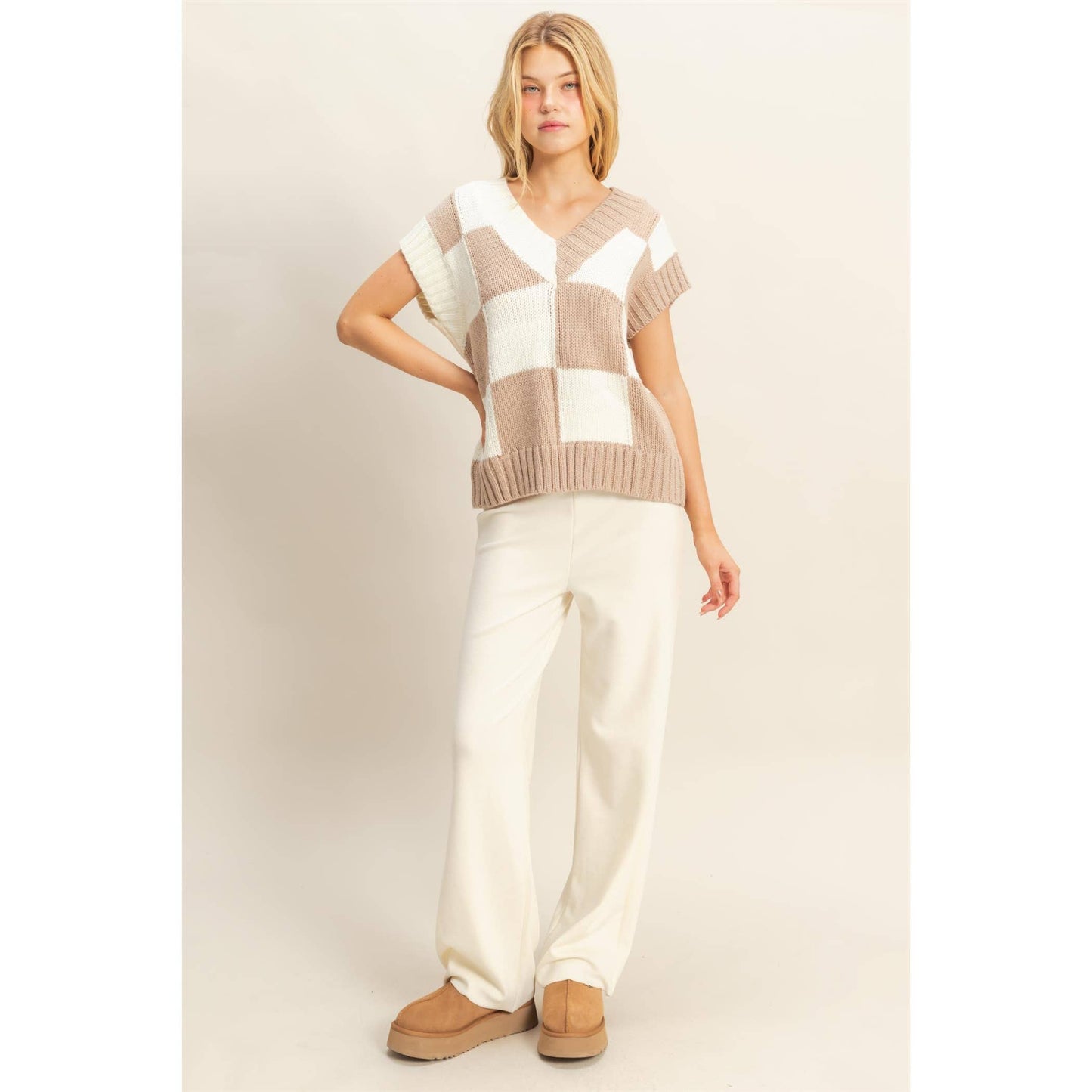 Checkered Sweater Vest: HOT PINK / S-M-L(2-2-2)