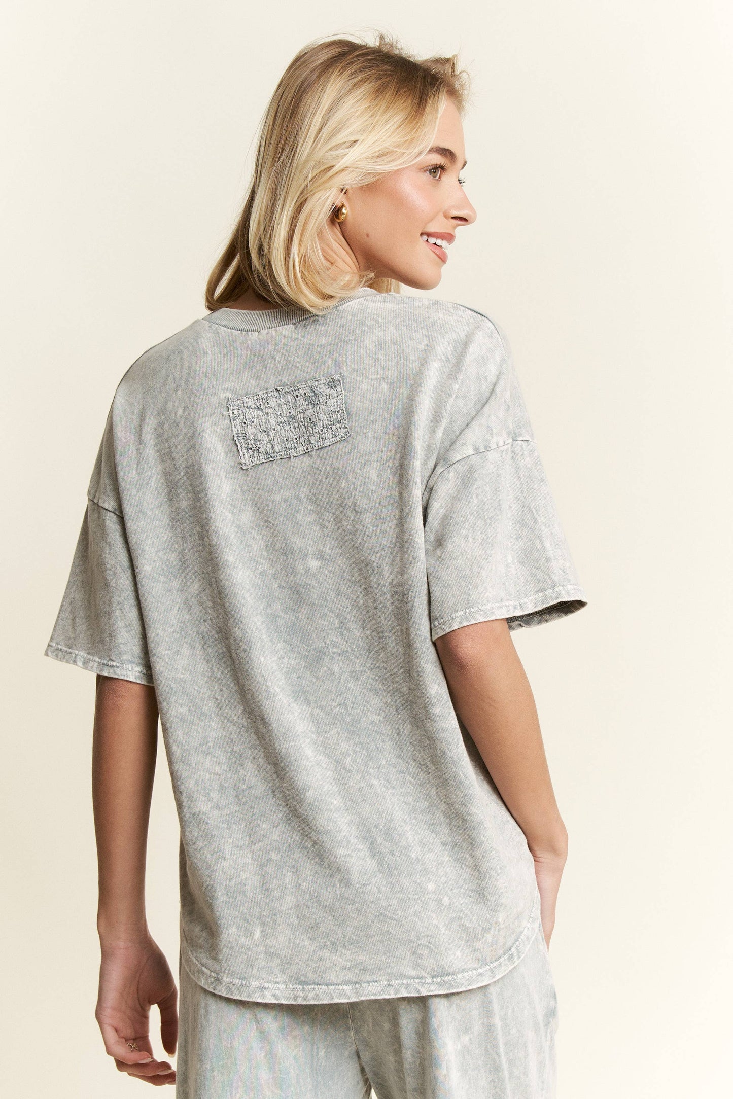MineralWash Ribbon bow half sleeve shirt HT6308: Silver Grey / S-M-L / 2-2-2