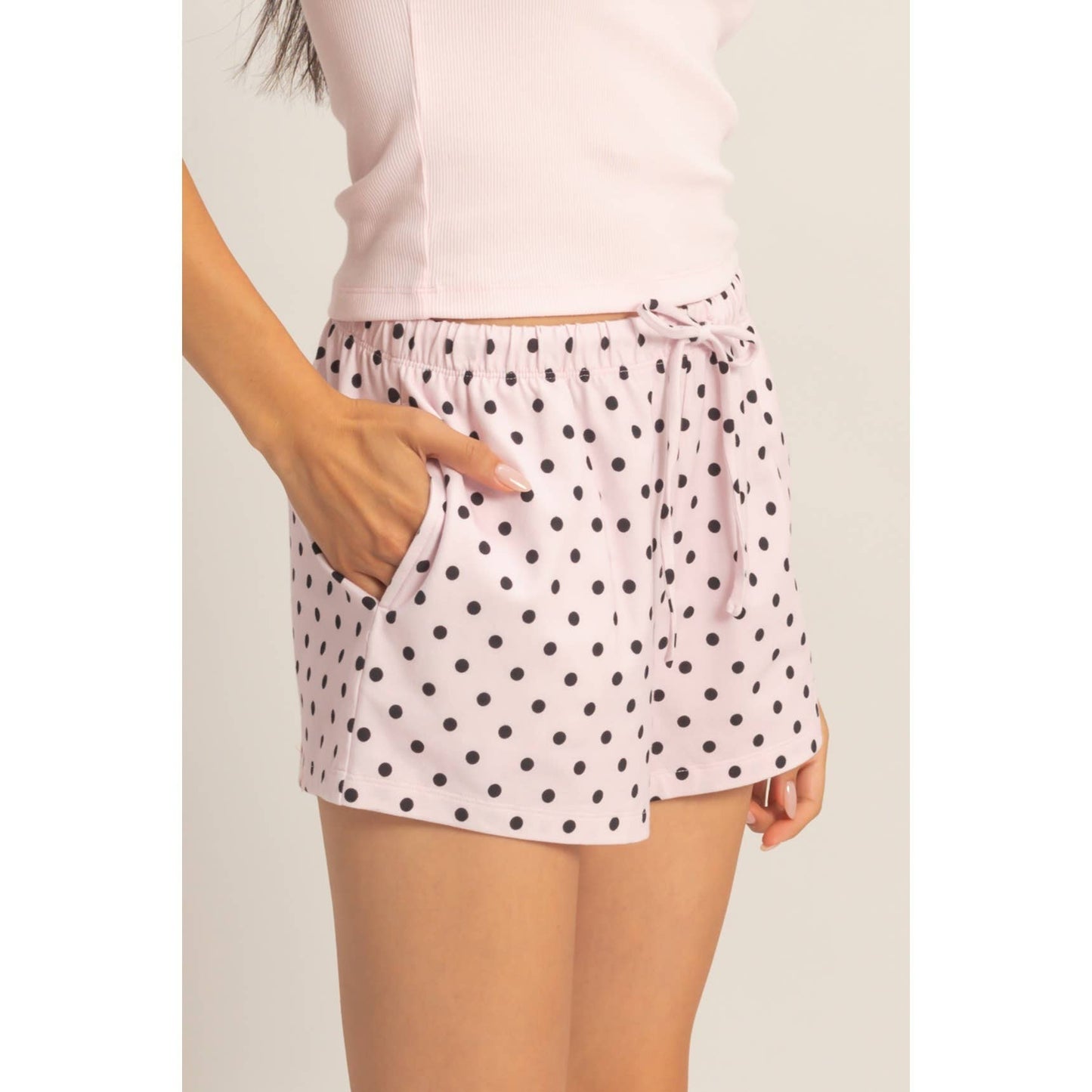 Polka Dot Drawstring Shorts: BROWN / S-M-L(2-2-2)