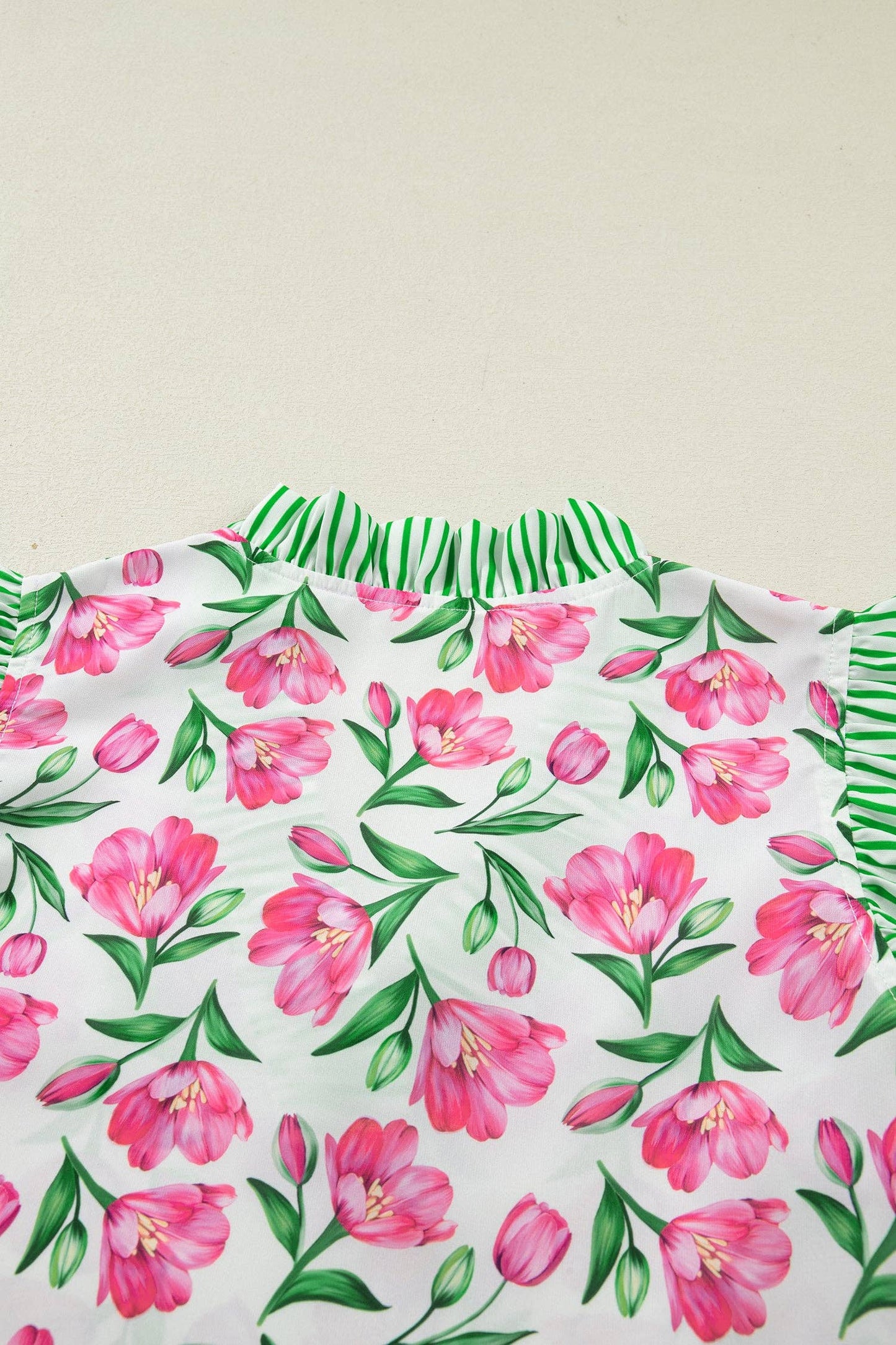 Multicolour Sweet Floral Print Striped Ruffle Trim V Neck Blouse: Multicolour / 100%Polyester / S