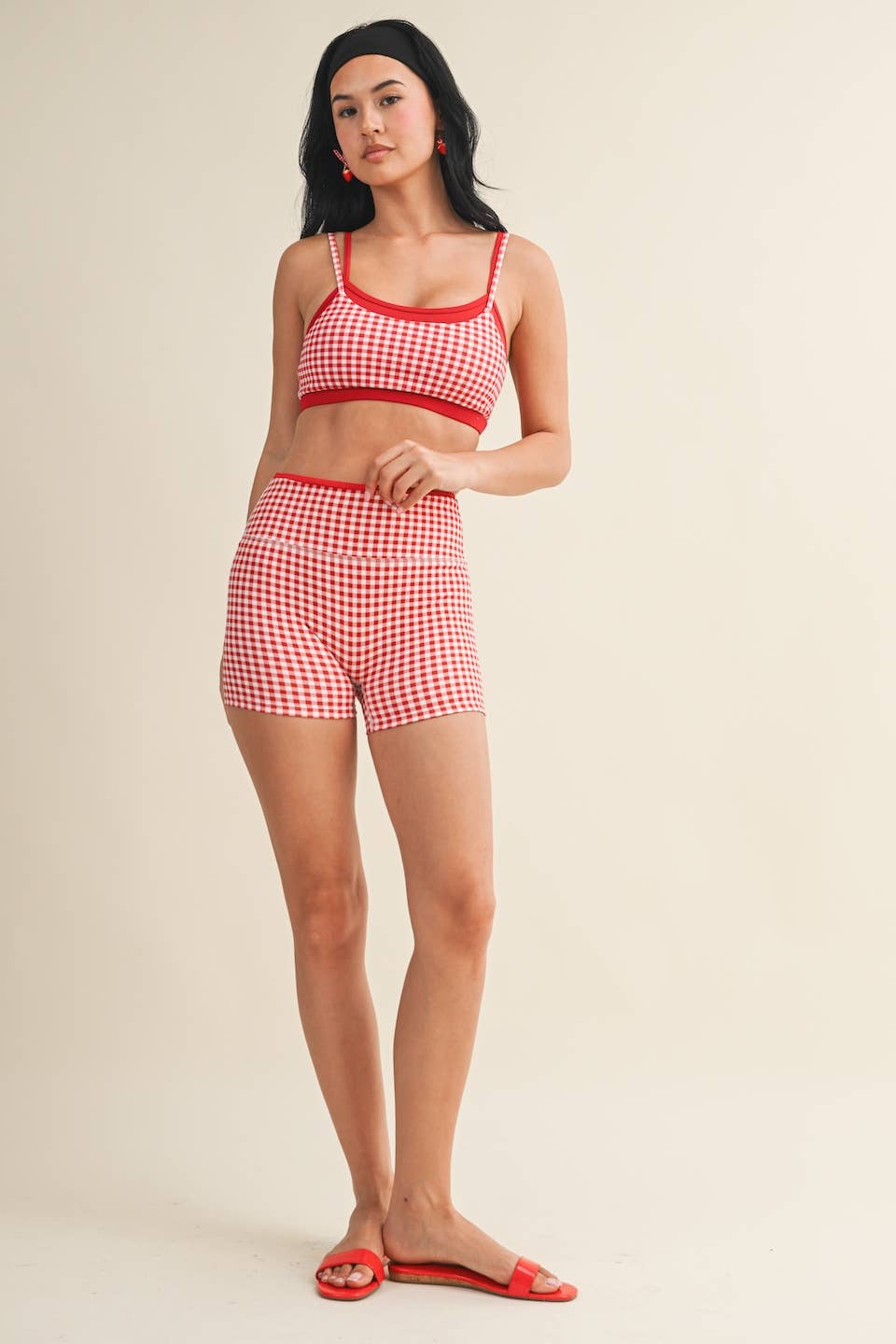Gingham Print Double Layered Sports Bra: Red Gingham / S