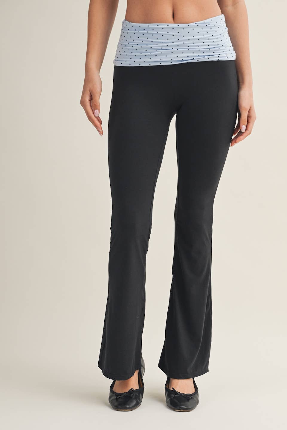 Polka Dot Soft Knit Foldover Flare Pants: Blue/Black Polka Dot / L