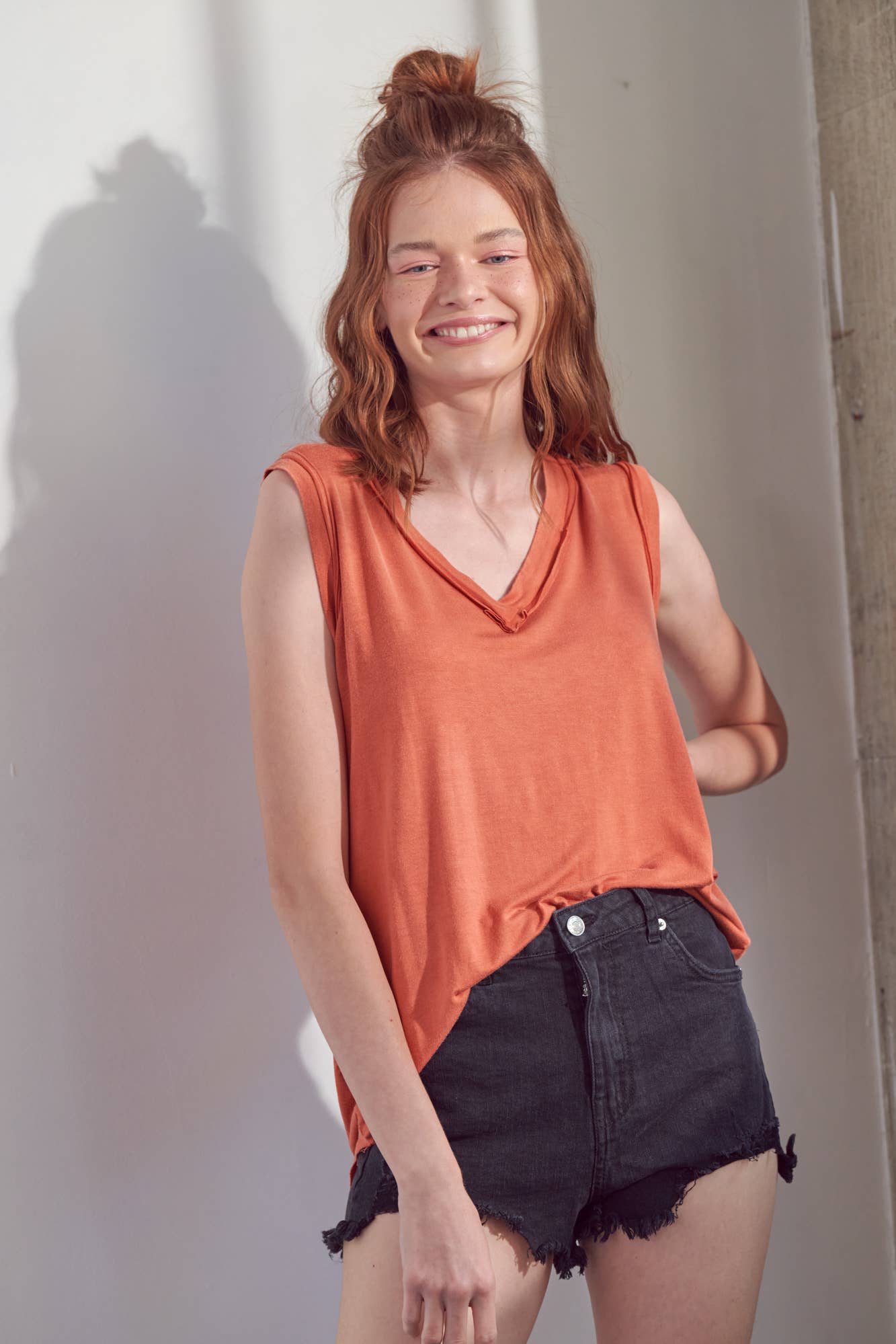 Mineral washed V neck Sleeveless Top HT4004: Olive / S-M-L/2-2-2