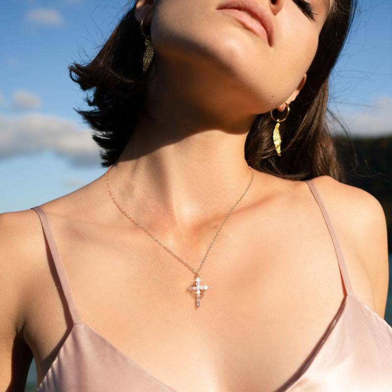 Sparkling Crown Cross Pendant Necklace Christian Jewelry: Silver