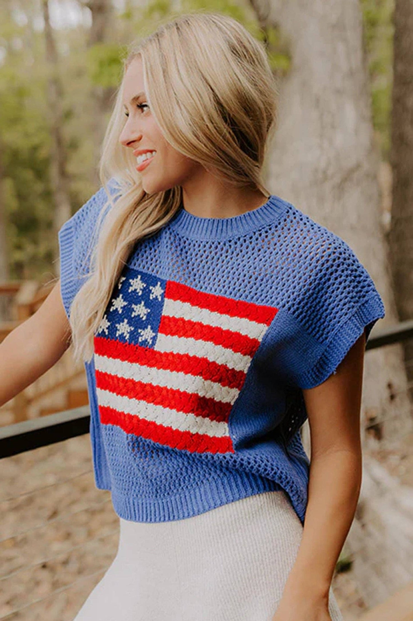 Blue American Flag Knit Short Sleeve Sweater Top: Sky Blue / 100%Acrylic / S