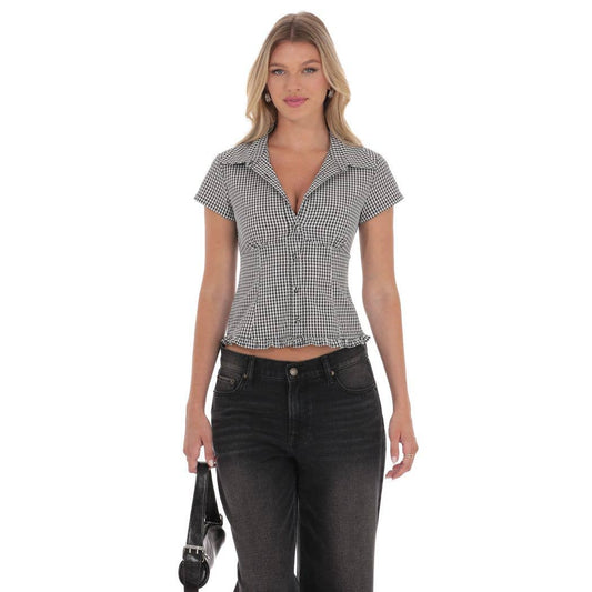 Button-Up Ruffle Top in Black Gingham: XXS