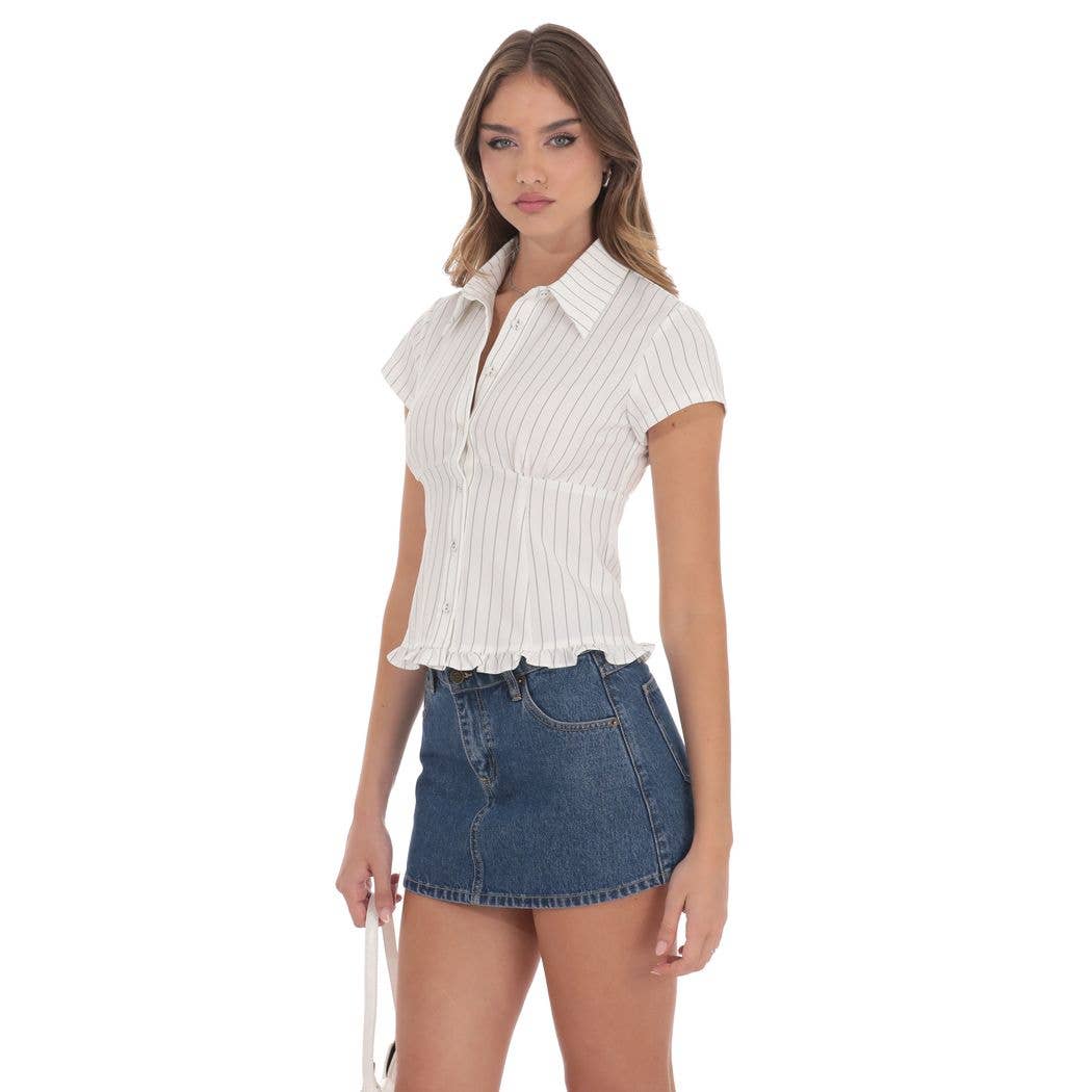 Button-Up Ruffle Top in White Stripes: XS