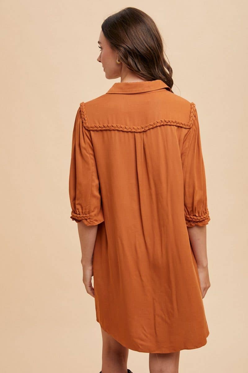 Braided Trim Detail Shirt Mini Dress: PUMPKIN / 2-2-2-2(S-M-L-XL)