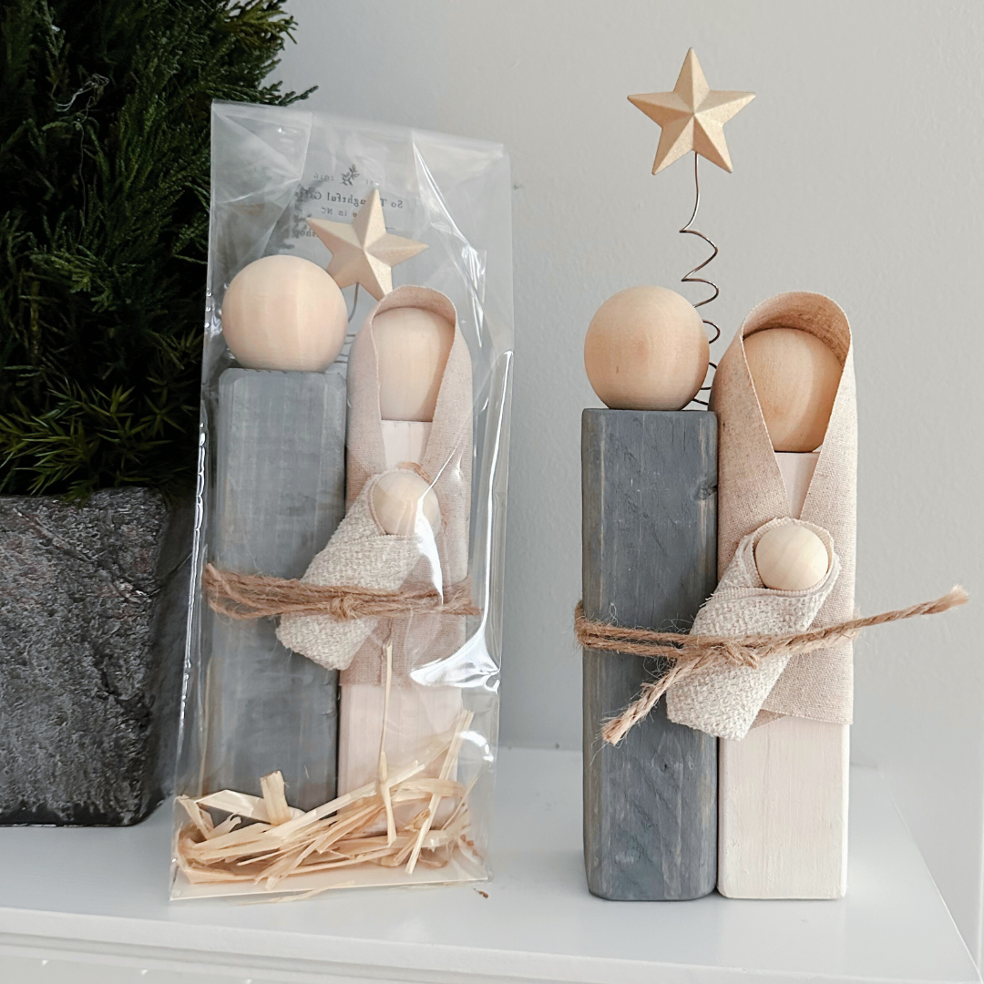 Simple Wooden Nativity Set | Hand-painted | Gift Wrapped: Gray & White