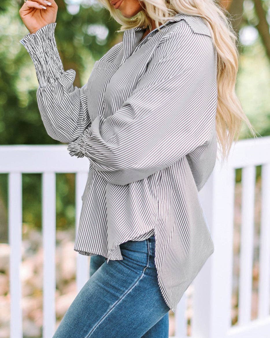 Stripe Smocked Cuff Pocketed Shirt: Sky Blue / S