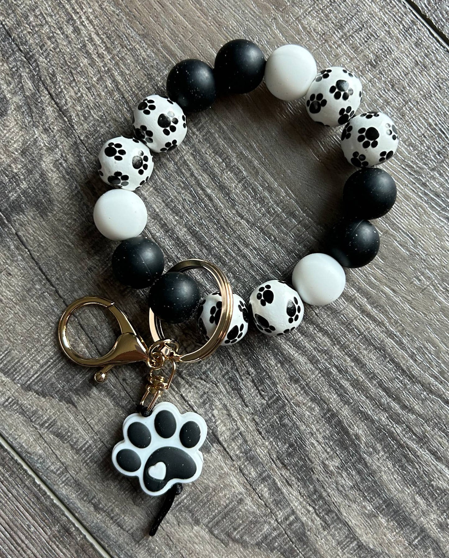 Paw Print Silicone and Wooden Bead Wristlet Keychain: Teal
