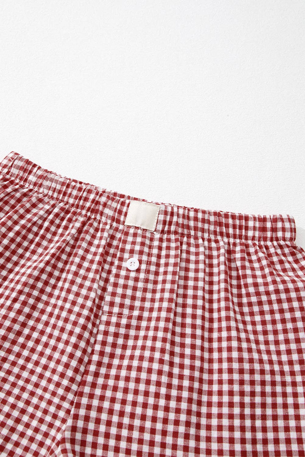Red Gingham High Waisted Elastic Waist Summer Shorts: Red Stripe / 100%Polyester / L