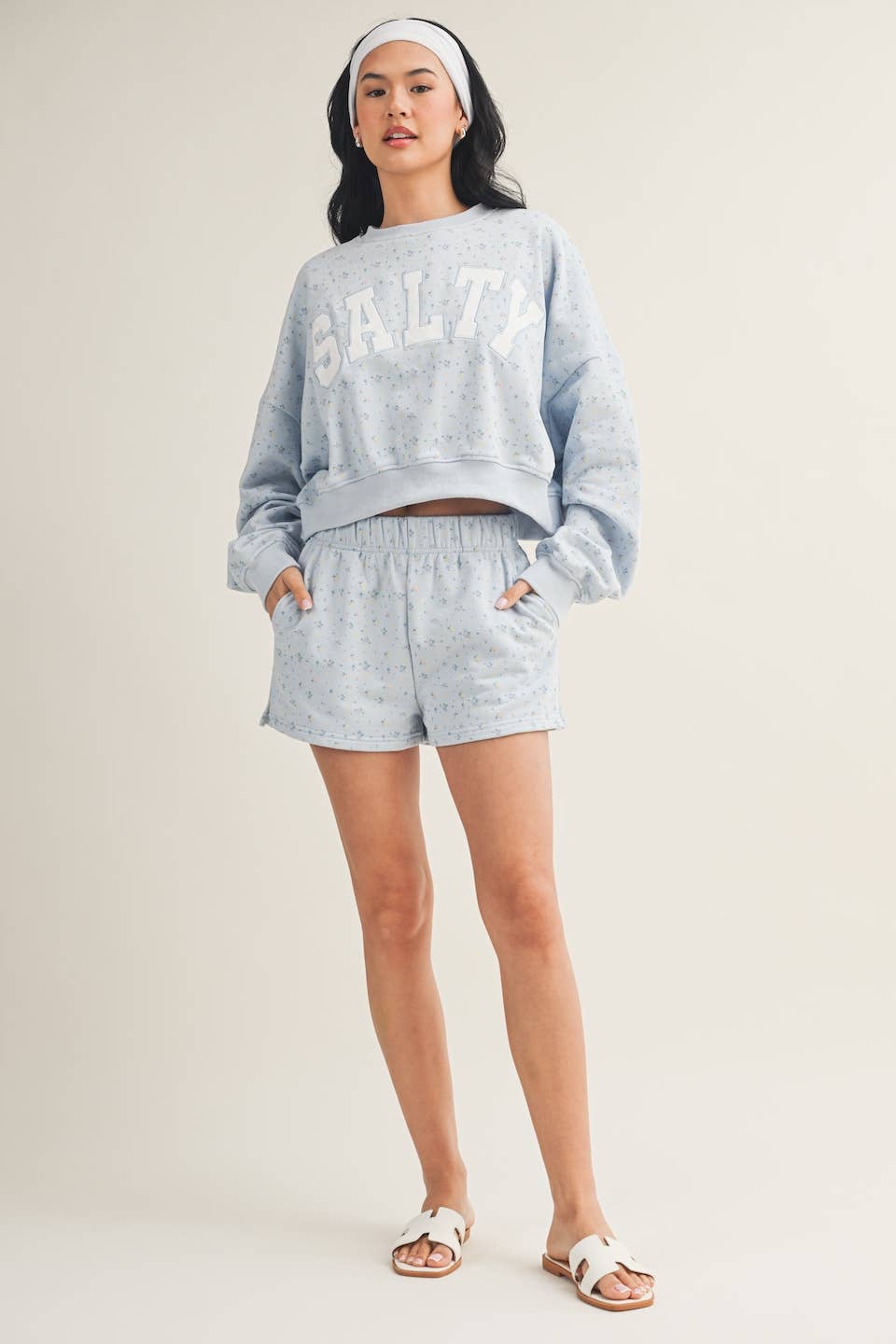 Salty Ditsy Print Crewneck Crop Sweatshirt: Pink Ditsy / M