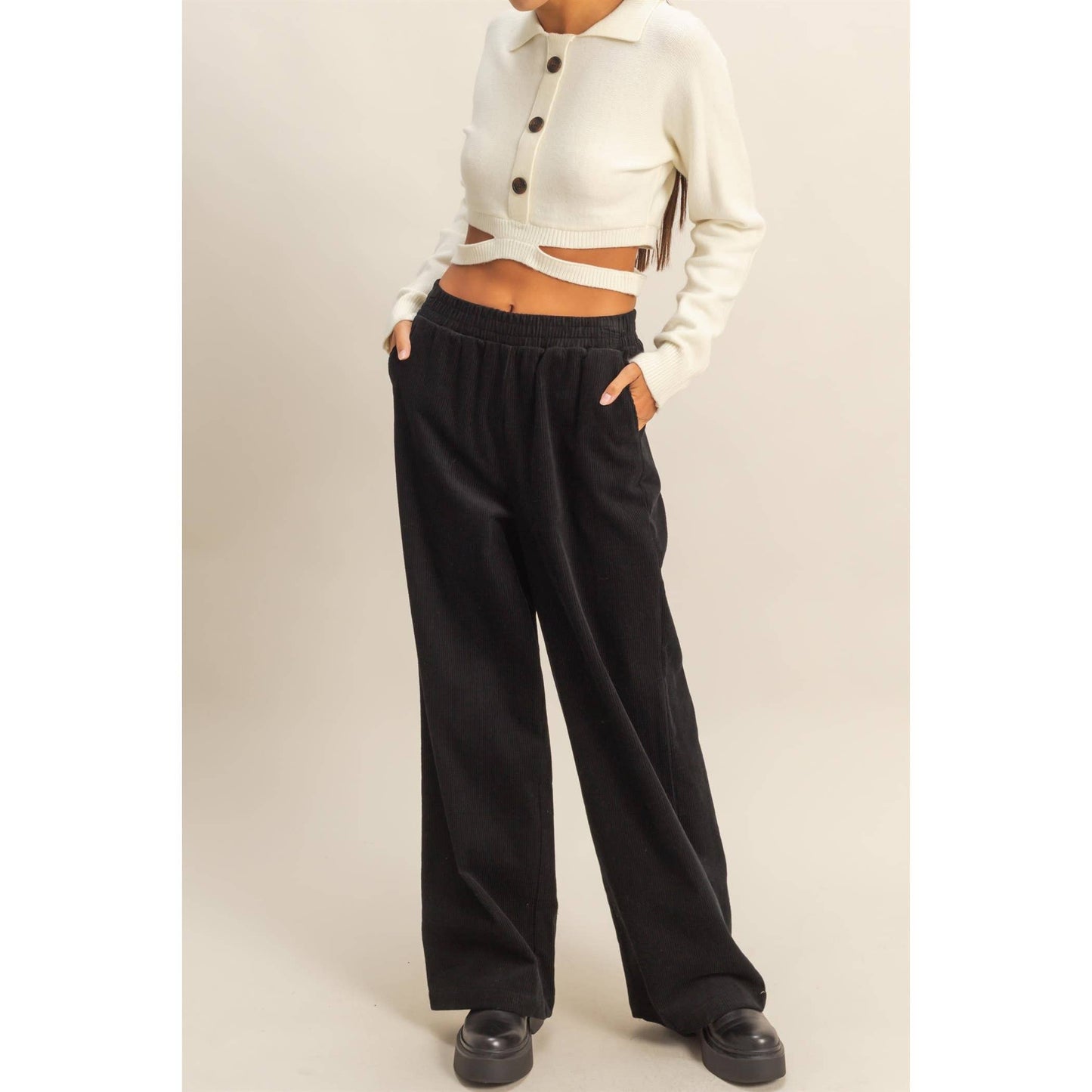 Corduroy High-Waisted Wide Leg Pants: BLACK / S-M-L(2-2-2)