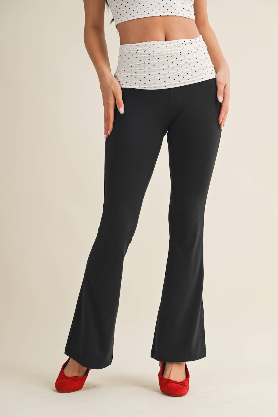 Polka Dot Soft Knit Foldover Flare Pants: White Polka Dot / S