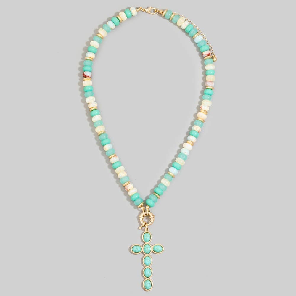 Semi Precious Stone Cross Pendant Necklace: NAT