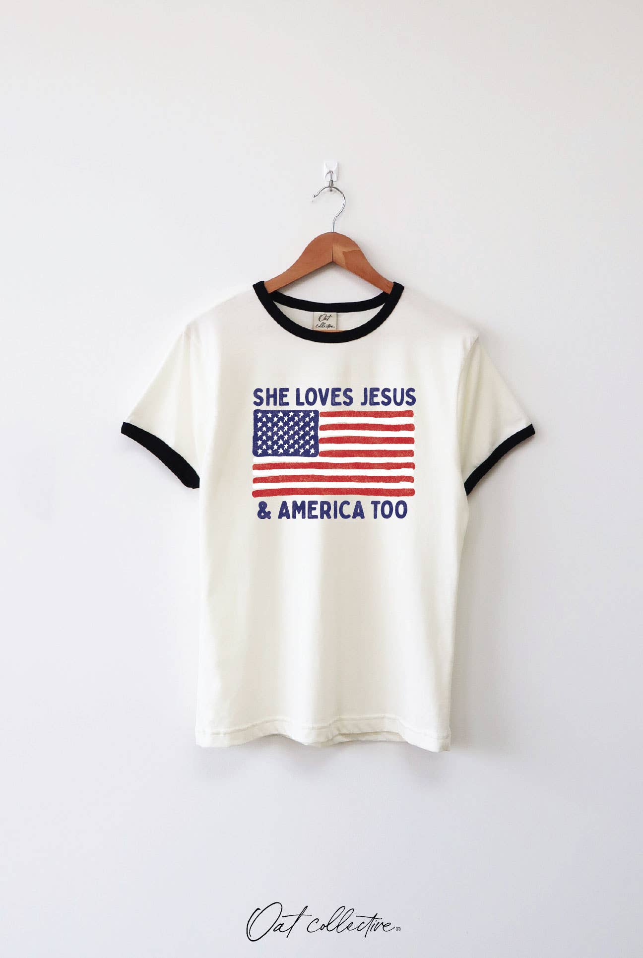 SHE LOVES JESUS AND AMERICA TOO Ringer Graphic Top : NATURAL/BLK / S