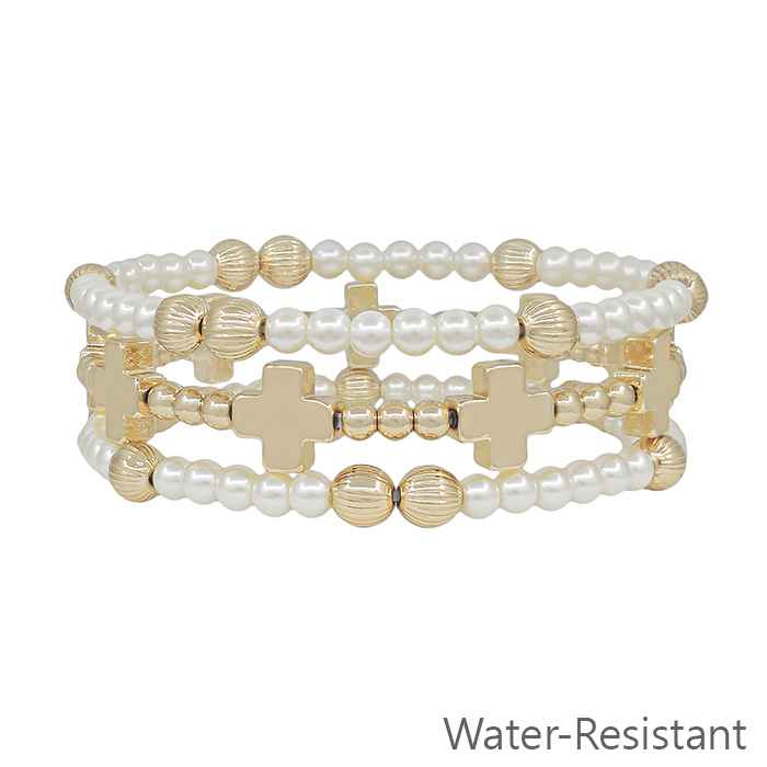 Water Resistant Gold Beaded with Cross and Pearl Set of 3 Stretch Bracelets