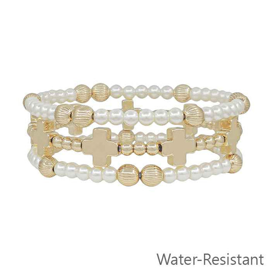 Water Resistant Gold Beaded with Cross and Pearl Set of 3 Stretch Bracelets