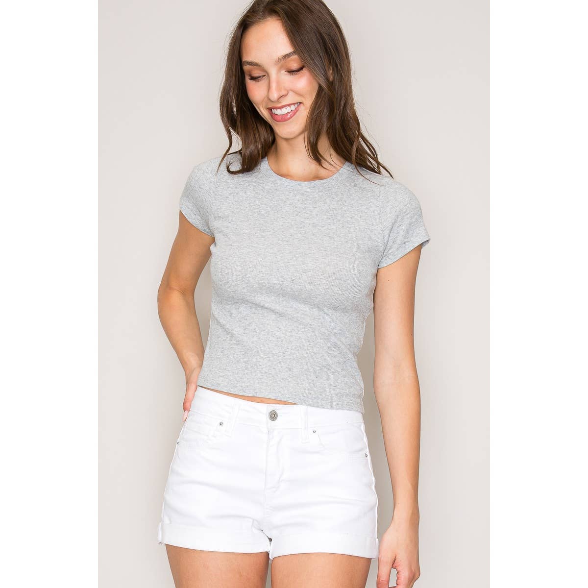 Crew Neck Short Sleeve Cotton Rib Knit Top: White / S-M-L(2-2-2)