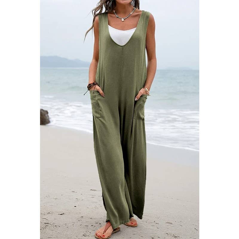 New Solid Color Pocket Fashion Jumpsuit : OLIVE GREEN / L