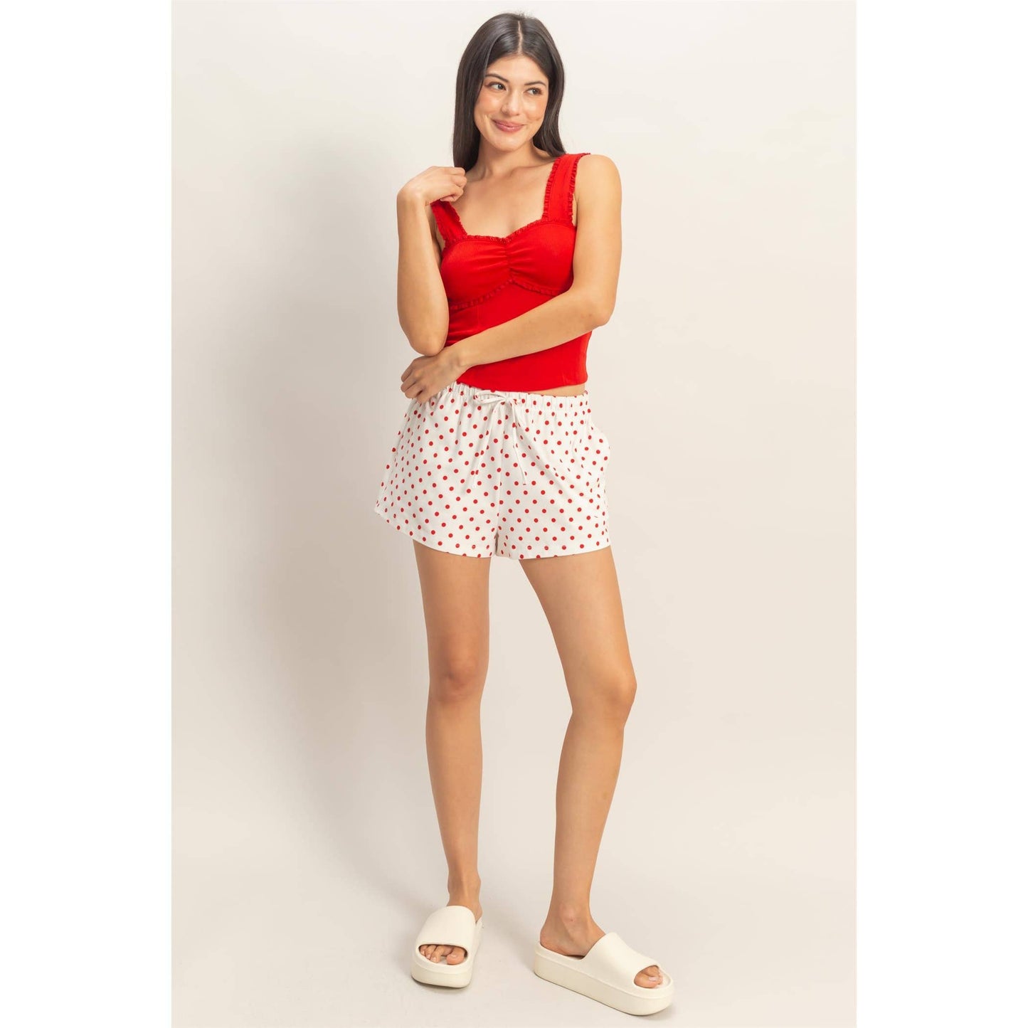 Polka Dot Drawstring Shorts: BROWN / S-M-L(2-2-2)