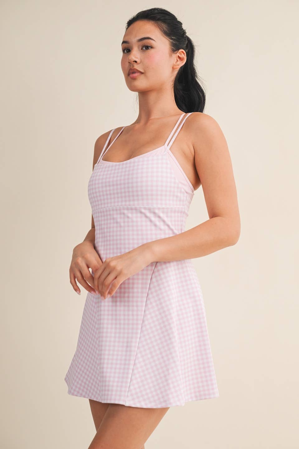 Gingham Print Double Layered Dress: Blue Gingham / S