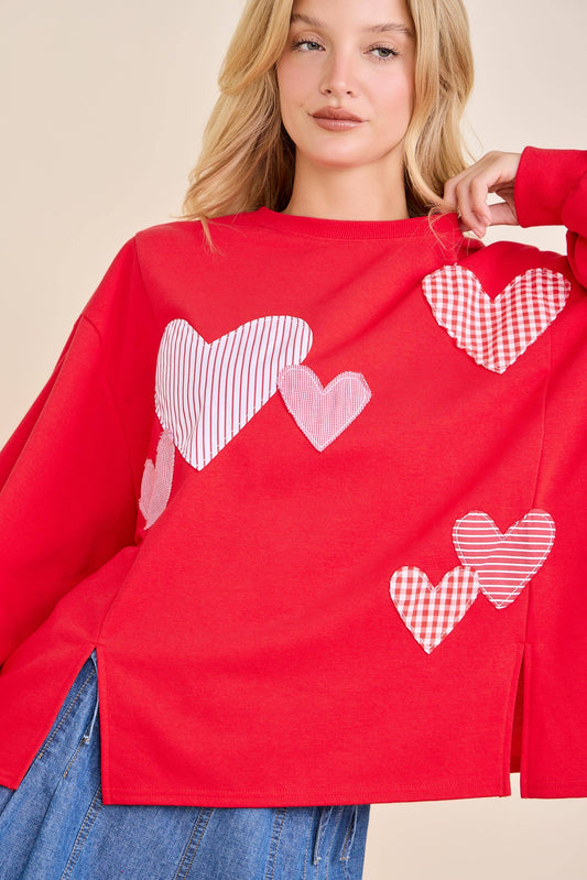 Red Heart Patchwork Sweatshirt – Valentine Pullover: RED / M