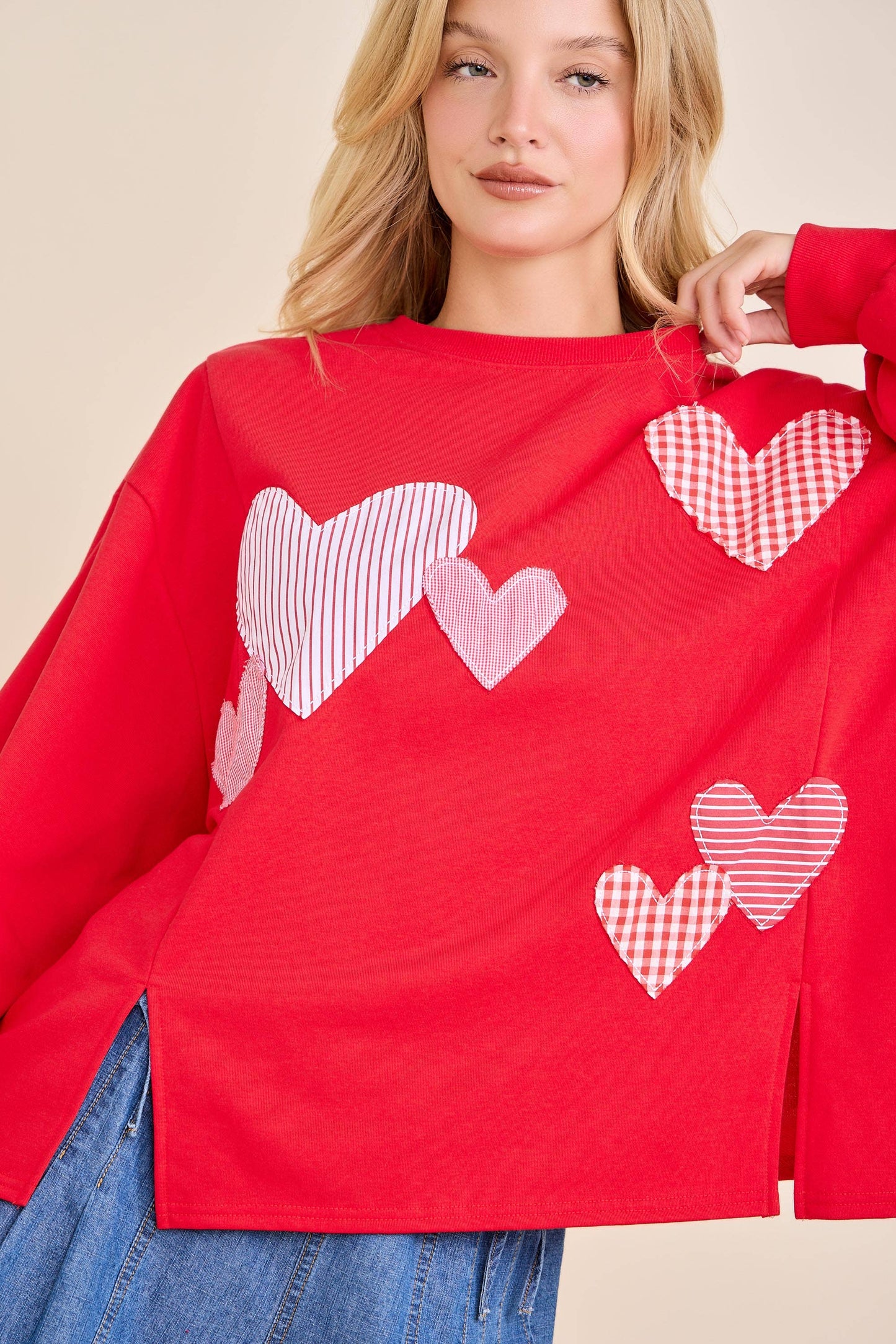 Red Heart Patchwork Sweatshirt – Valentine Pullover: RED / L